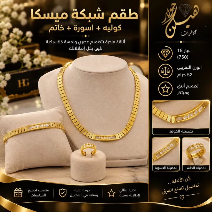 طقم الميسكا الذهبي عيار 18: كوليه وإسورة وخاتم بوزن 52 جرامًا من هيلن جولد